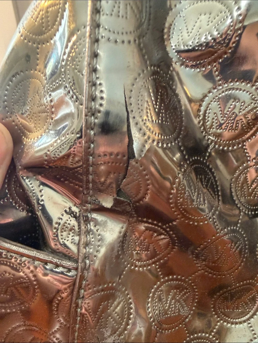 Michael Kors Metallic Silver Satchel with Cream Handles